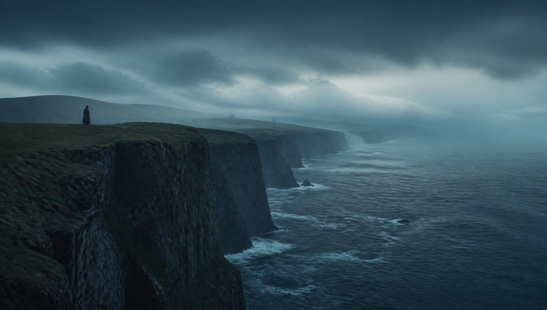 Cinematic still of misted coastal cliffs at blue hour