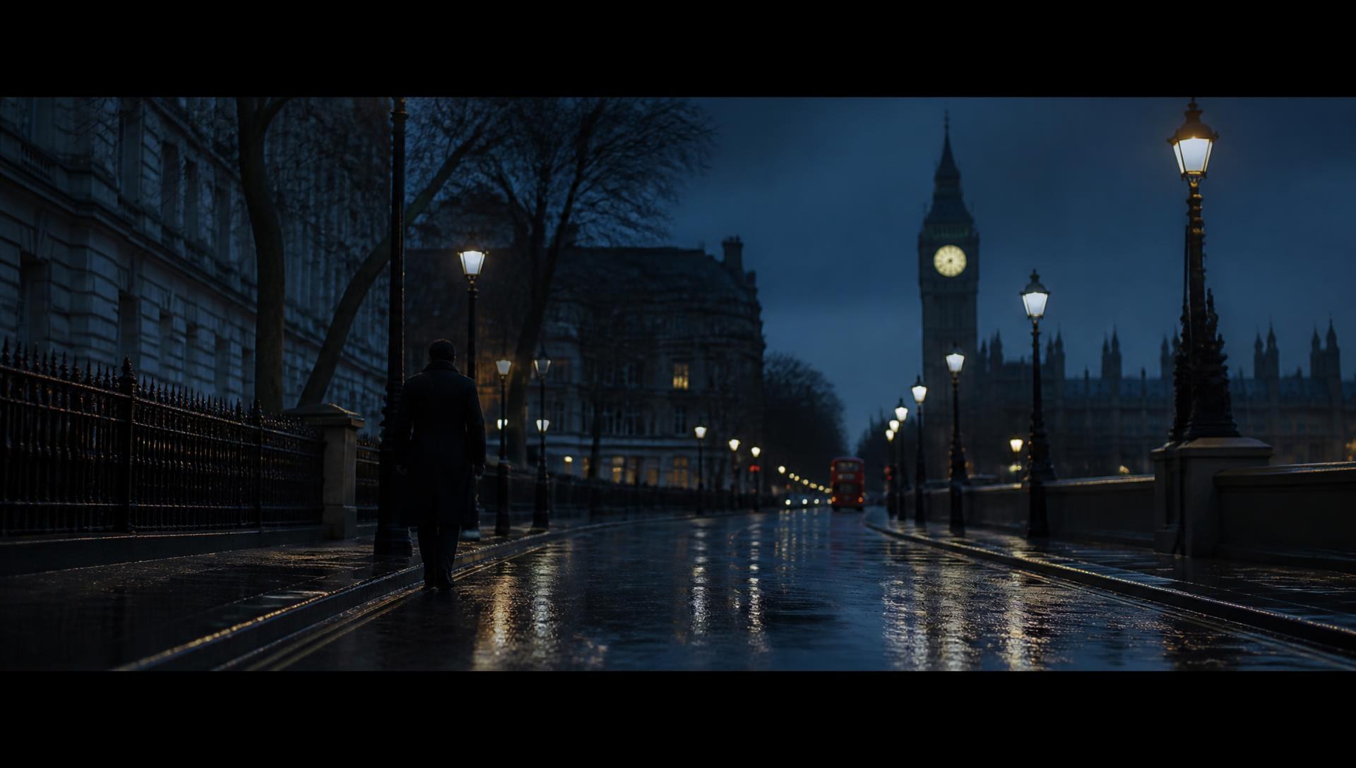 Cinematic still of a rain-slicked London street at dusk